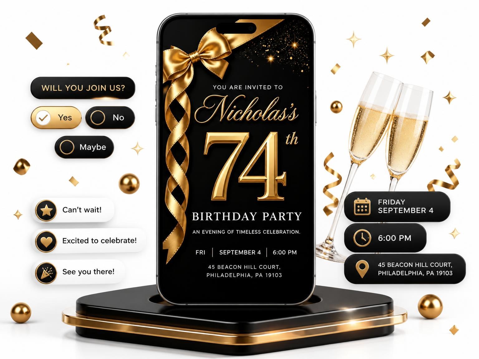 The Black and Gold Ribbon 74th Birthday invitation on a phone, with guest RSVPs arriving around it
