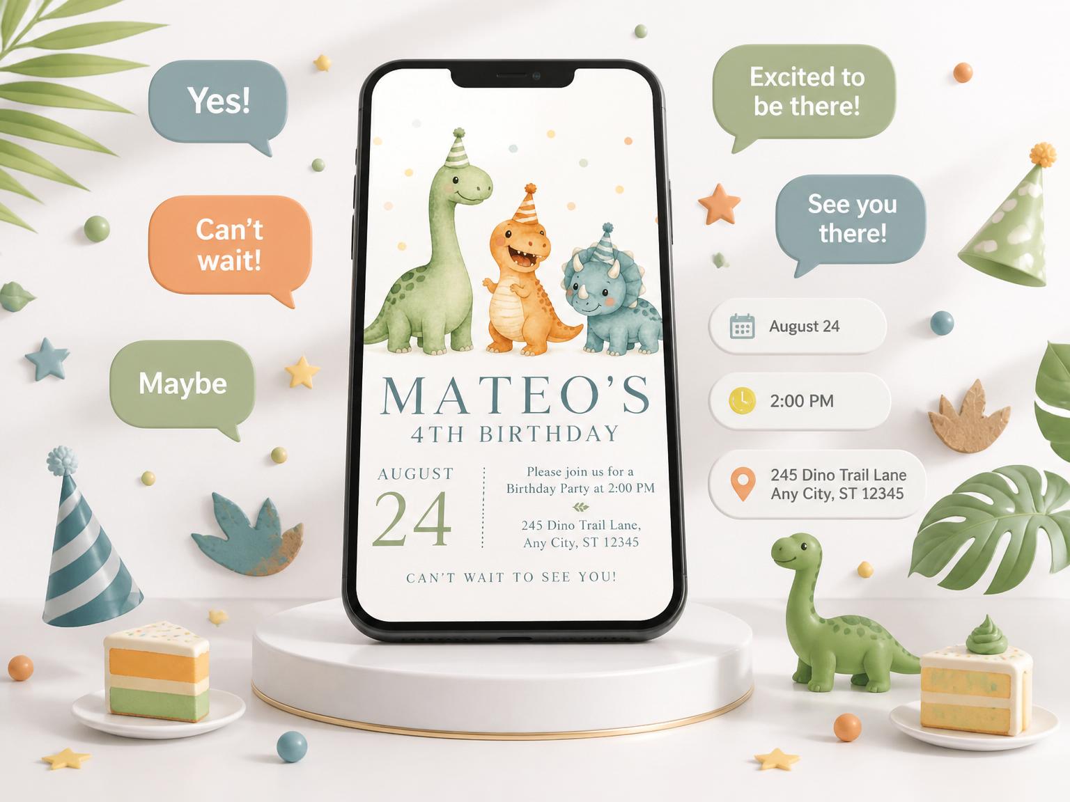 The Watercolor Dino Party Invitation invitation on a phone, with guest RSVPs arriving around it