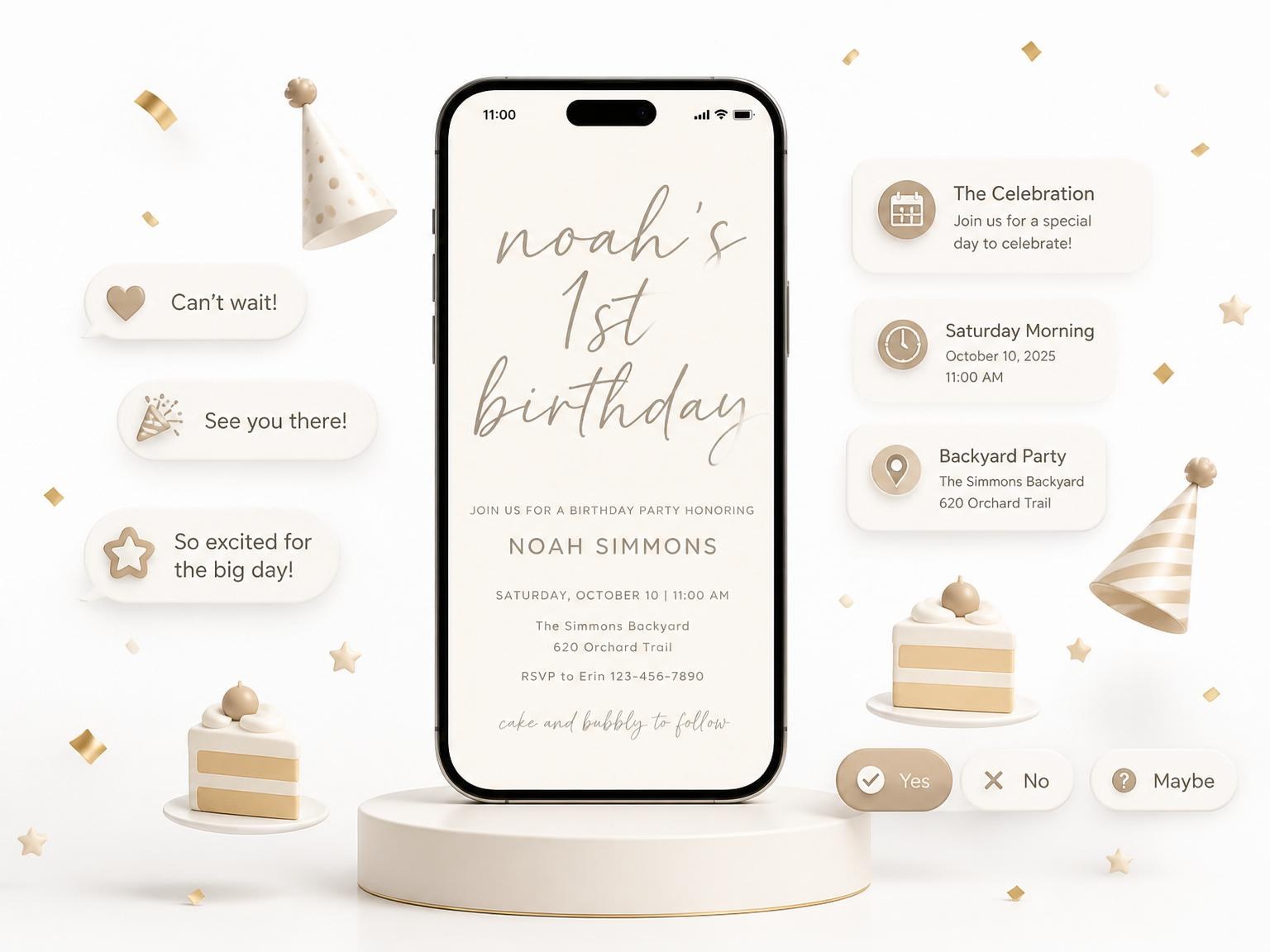 The Minimalist Taupe and Cream Birthday invitation on a phone, with guest RSVPs arriving around it