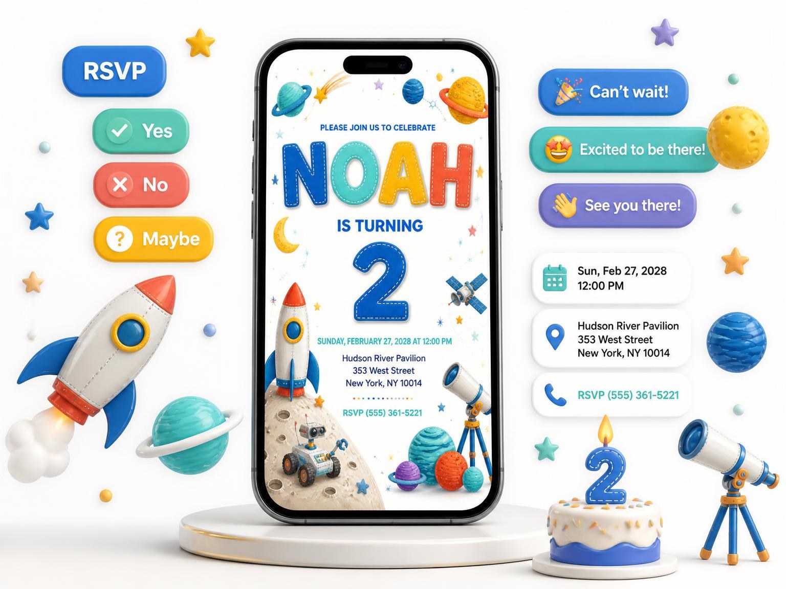 The Stitched Space 2nd Birthday Invitation invitation on a phone, with guest RSVPs arriving around it