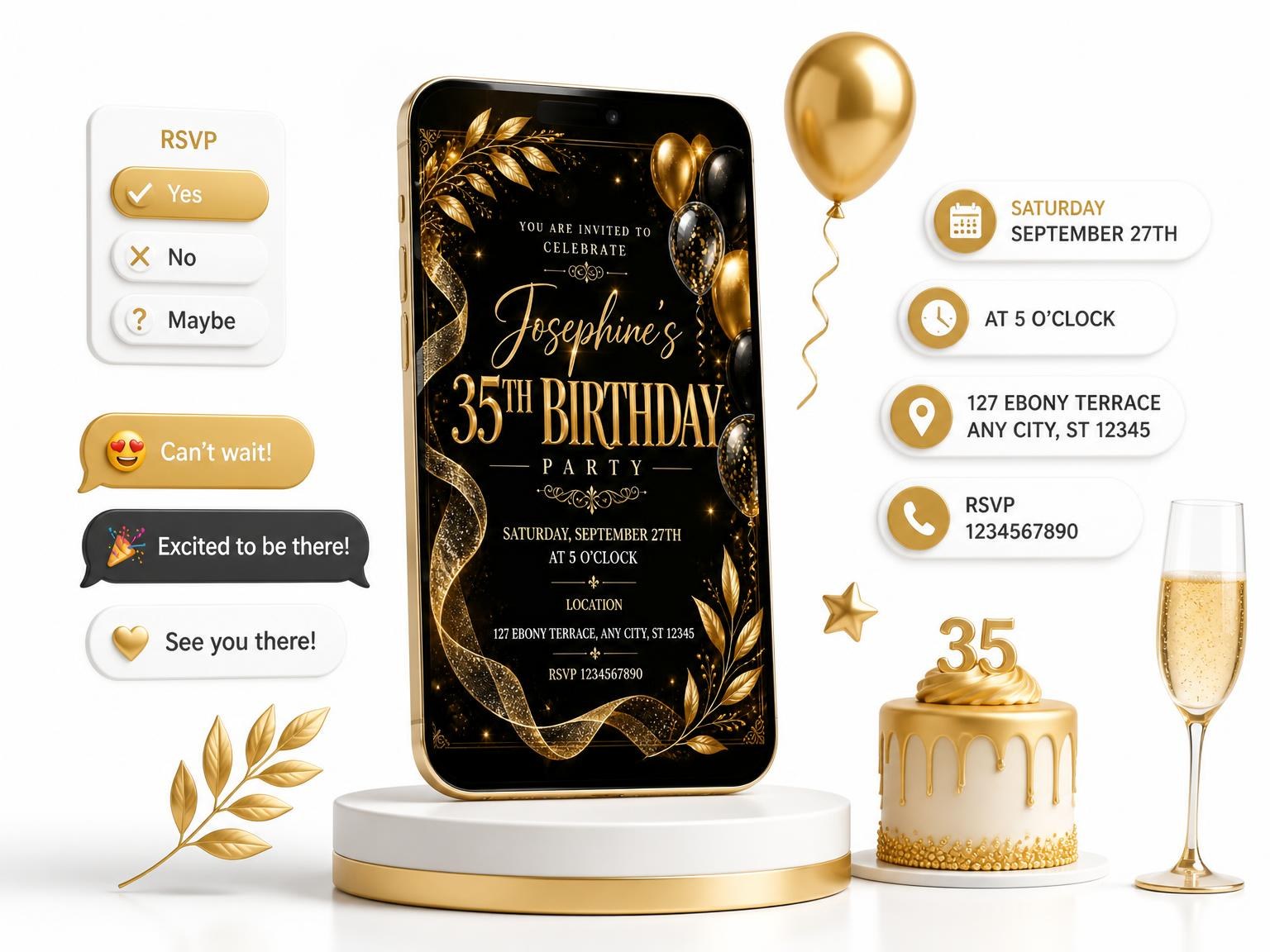 The Black and Gold 35th Birthday Invitation invitation on a phone, with guest RSVPs arriving around it