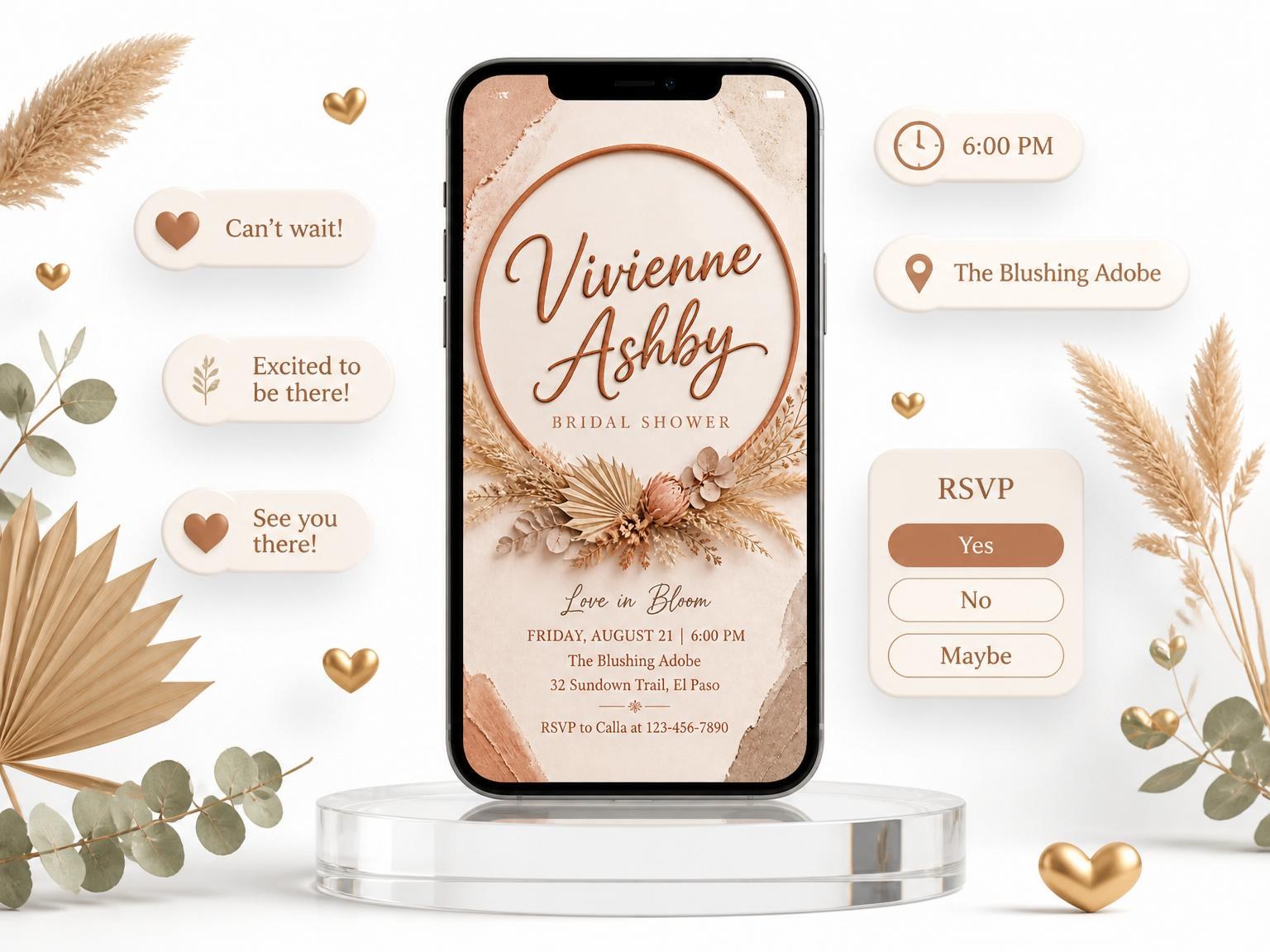 The Terracotta Plaster Dried Botanical Bridal Shower invitation on a phone, with guest RSVPs arriving around it