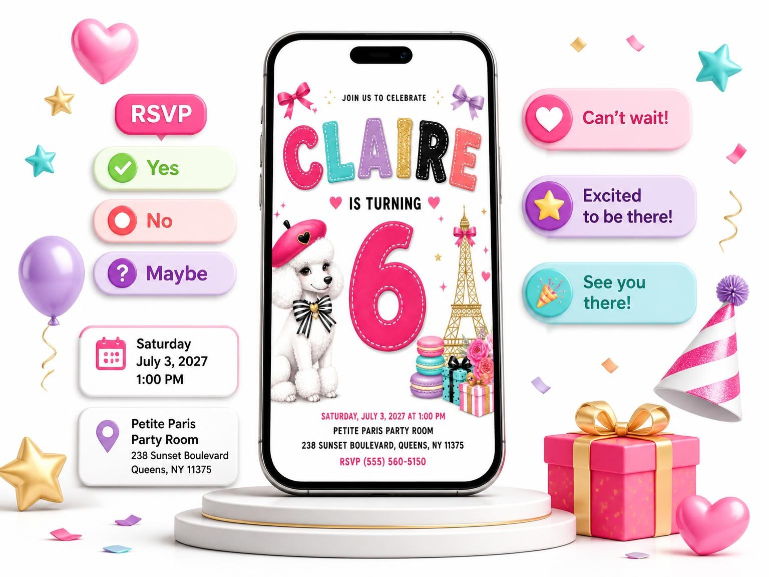 The Eiffel Tower Stitched 6th Birthday Invitation invitation on a phone, with guest RSVPs arriving around it