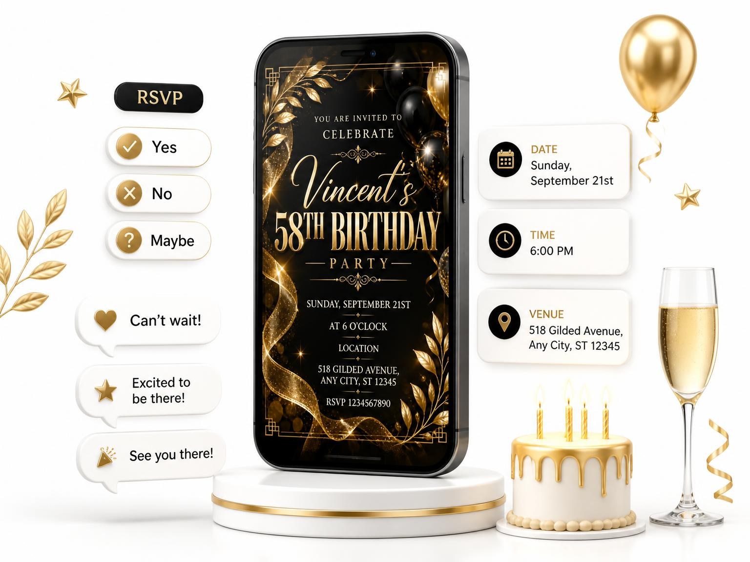 The Black and Gold 58th Birthday Invitation invitation on a phone, with guest RSVPs arriving around it