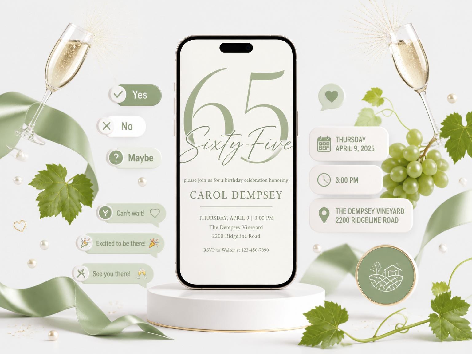 The Sage Green Minimalist Milestone Birthday invitation on a phone, with guest RSVPs arriving around it