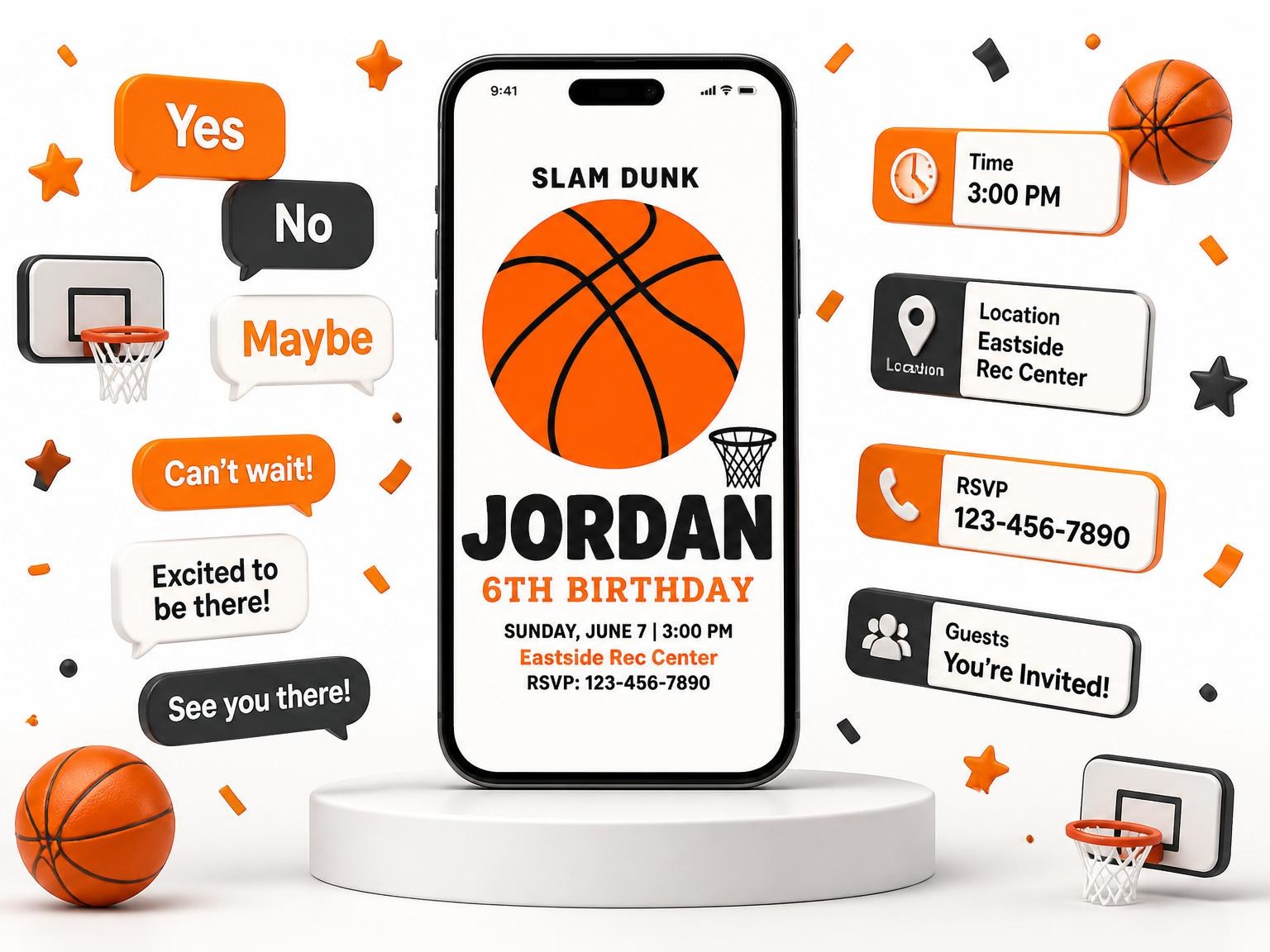 The Orange Basketball Court 6th Birthday Invitation invitation on a phone, with guest RSVPs arriving around it