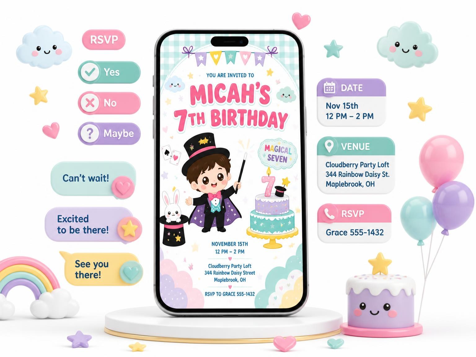 The Magician Kawaii Pastel 7th Birthday Invitation invitation on a phone, with guest RSVPs arriving around it