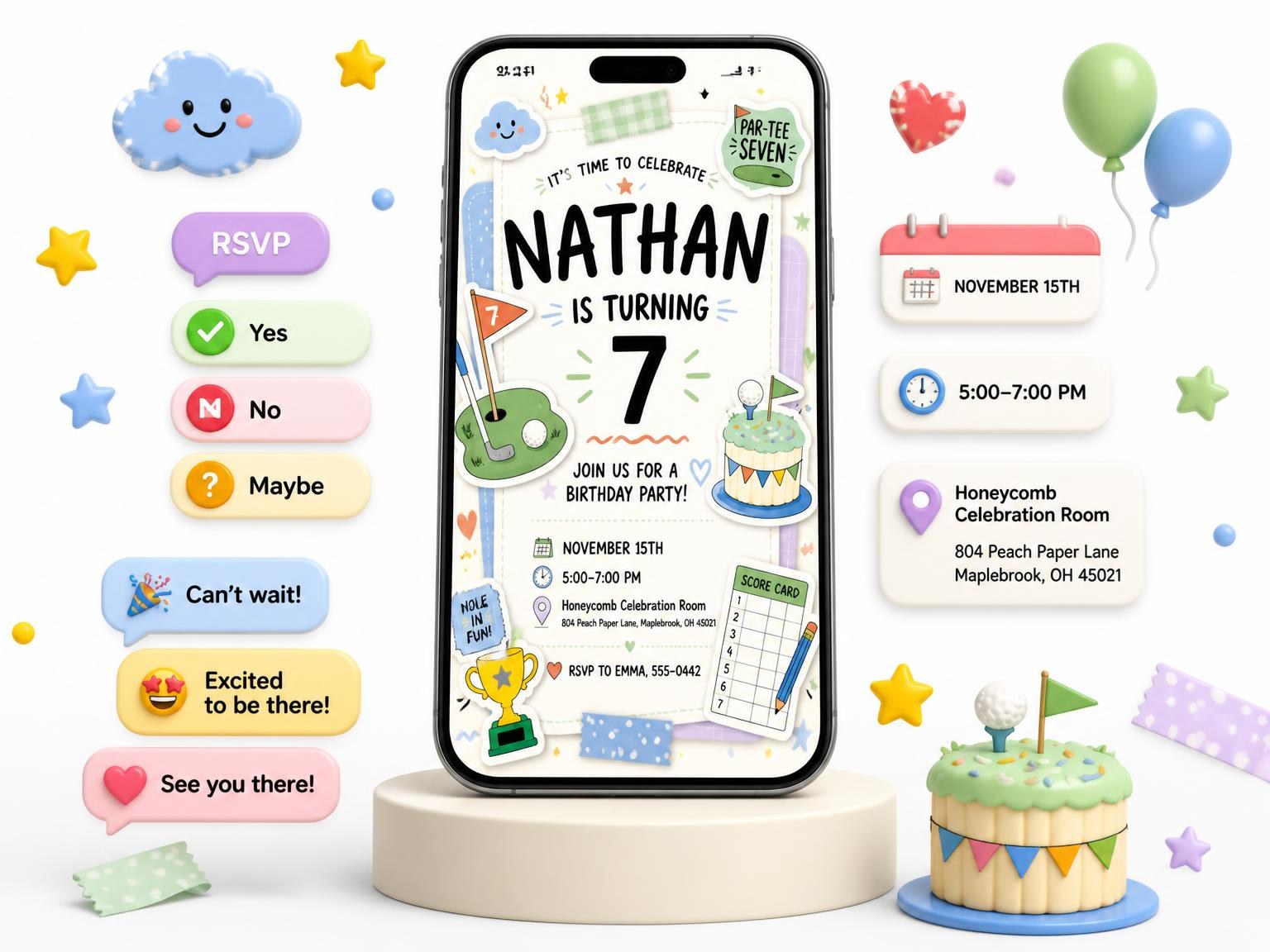 The Putting Green Pastel 7th Birthday Invitation invitation on a phone, with guest RSVPs arriving around it