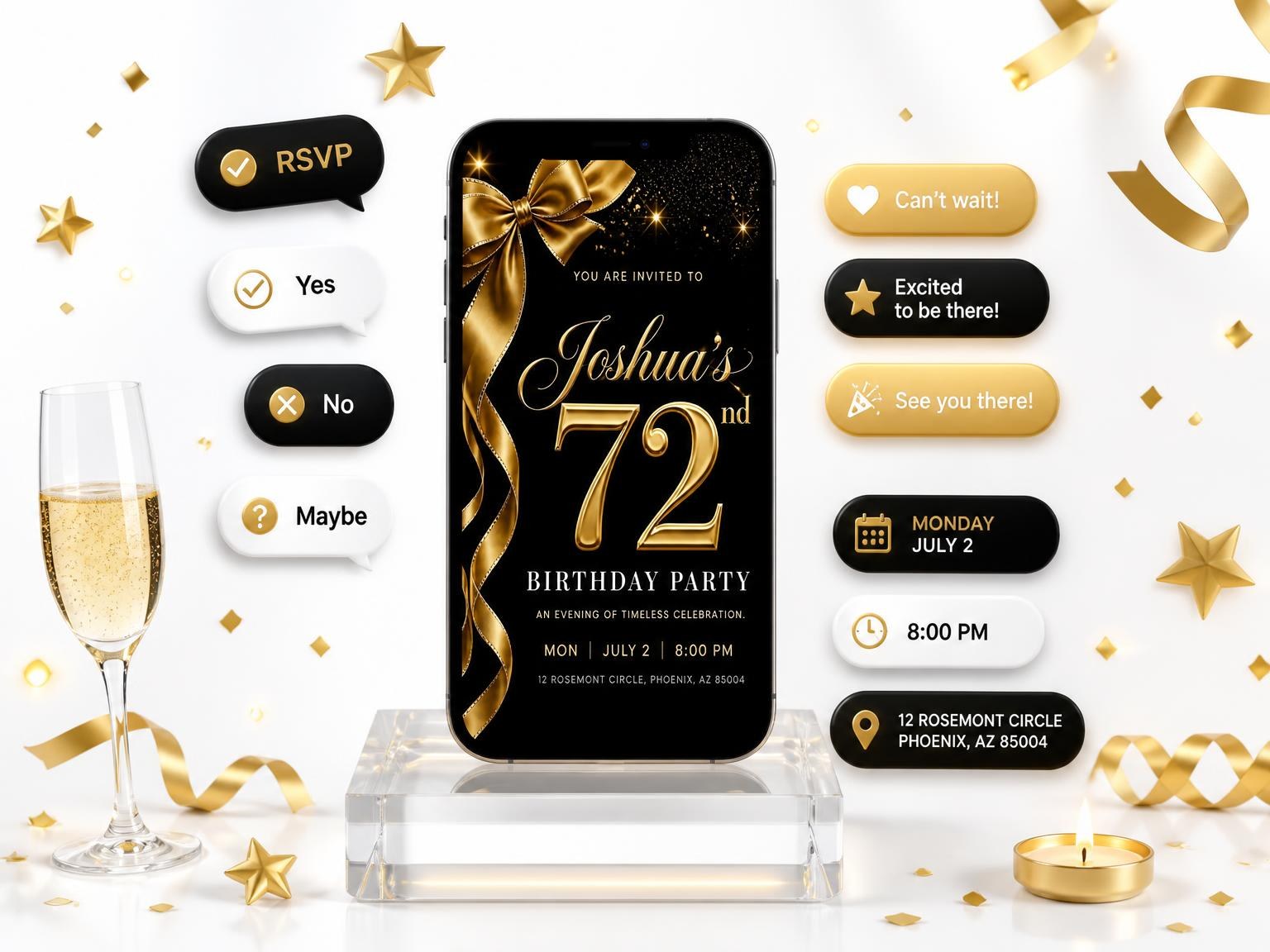 The Black and Gold Ribbon 72nd Birthday invitation on a phone, with guest RSVPs arriving around it