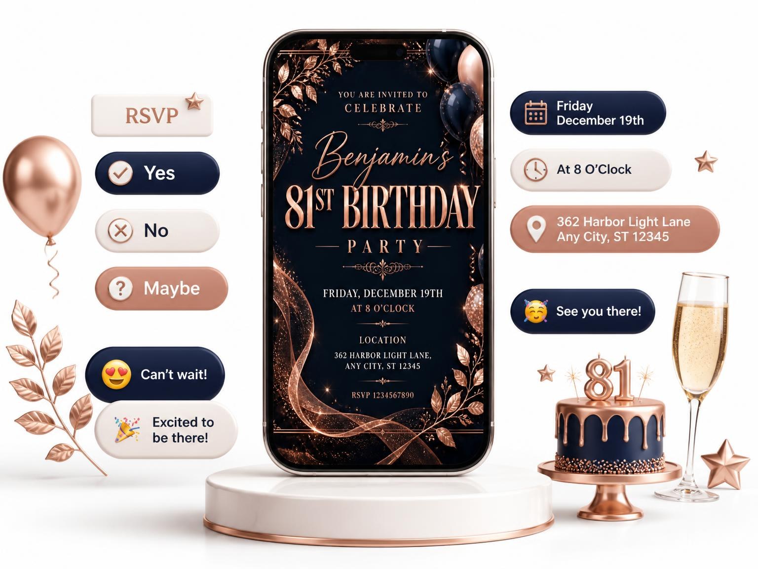 The Navy and Rose Gold 81st Birthday Invitation invitation on a phone, with guest RSVPs arriving around it