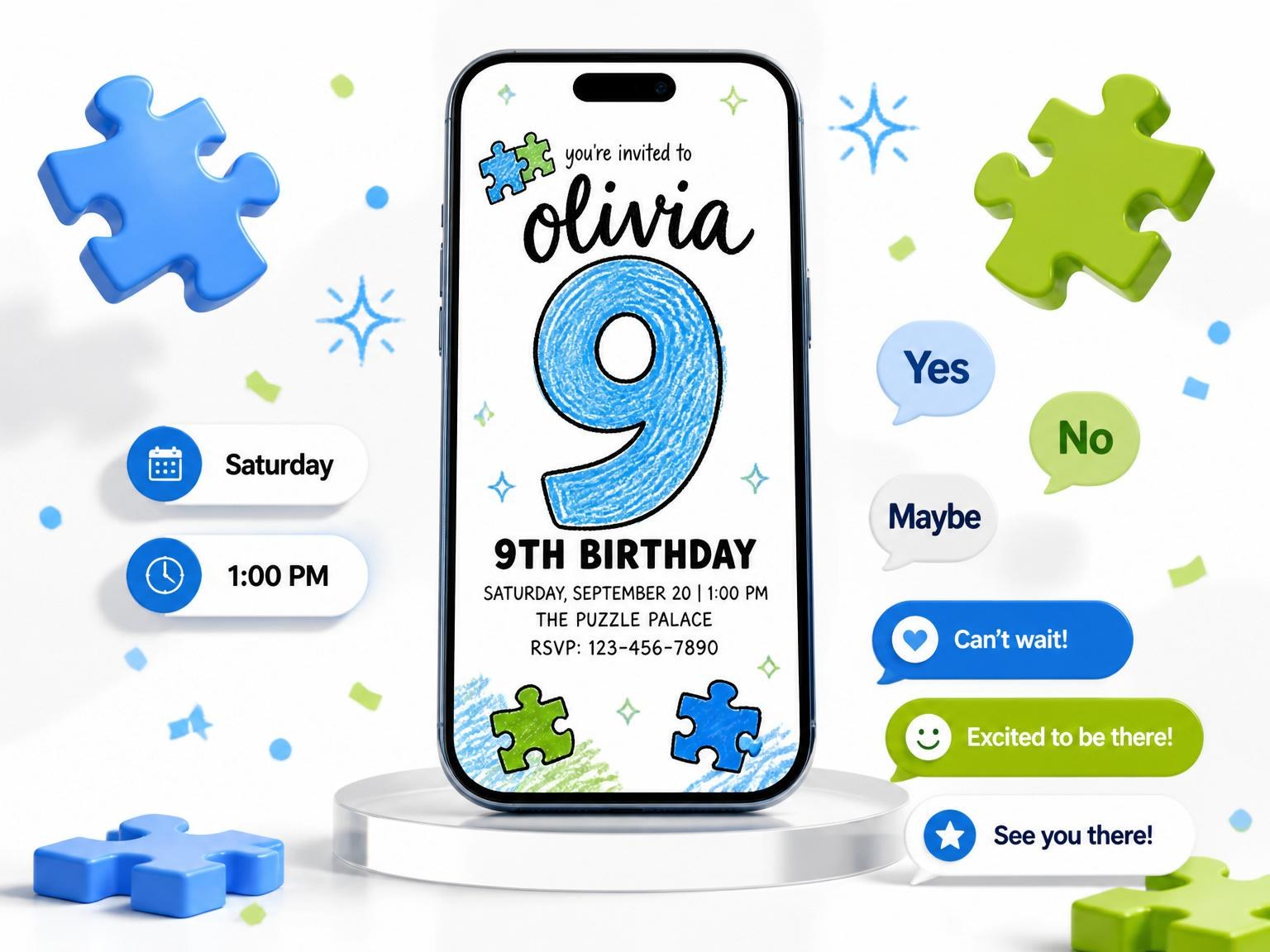 The Crayon Puzzle Piece 9th Birthday Invitation invitation on a phone, with guest RSVPs arriving around it