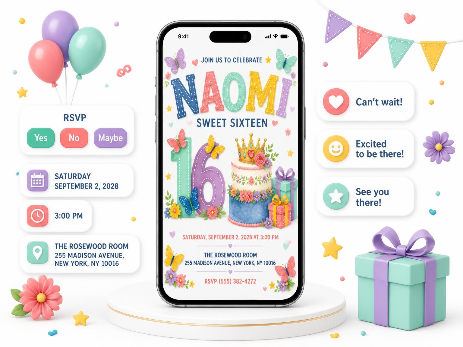 The Tiered Cake Sweet Sixteen Invitation invitation on a phone, with guest RSVPs arriving around it