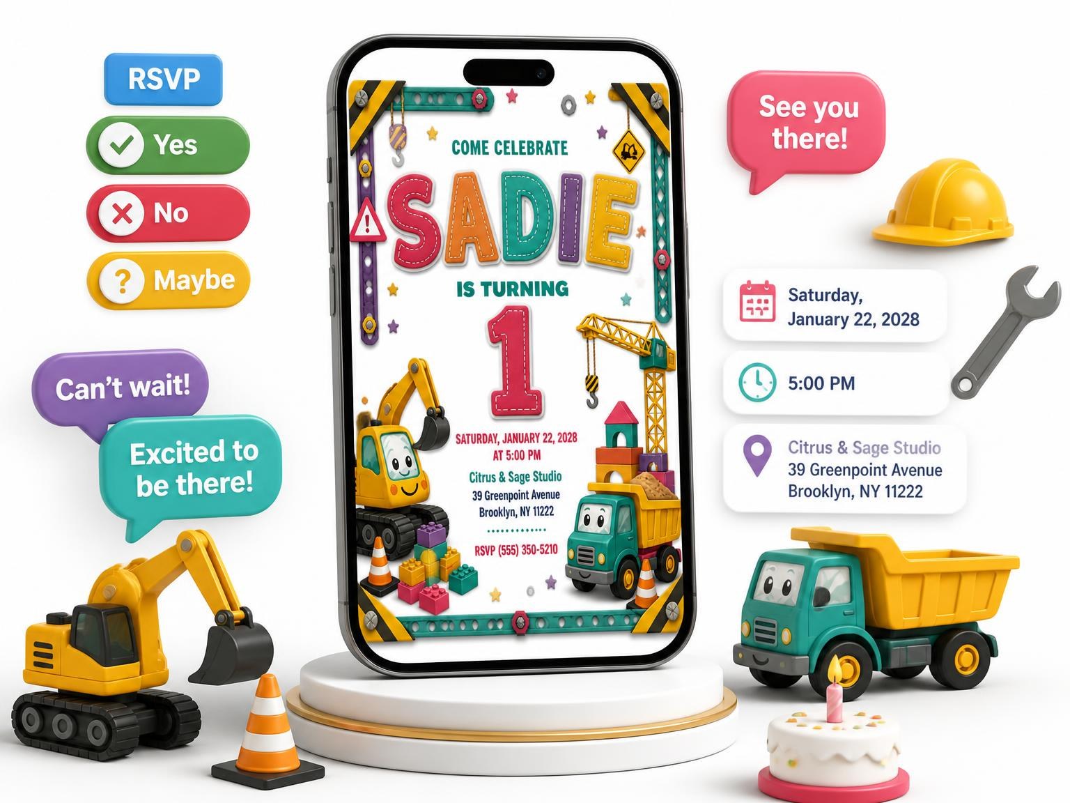 The Stitched Construction 1st Birthday Invitation invitation on a phone, with guest RSVPs arriving around it