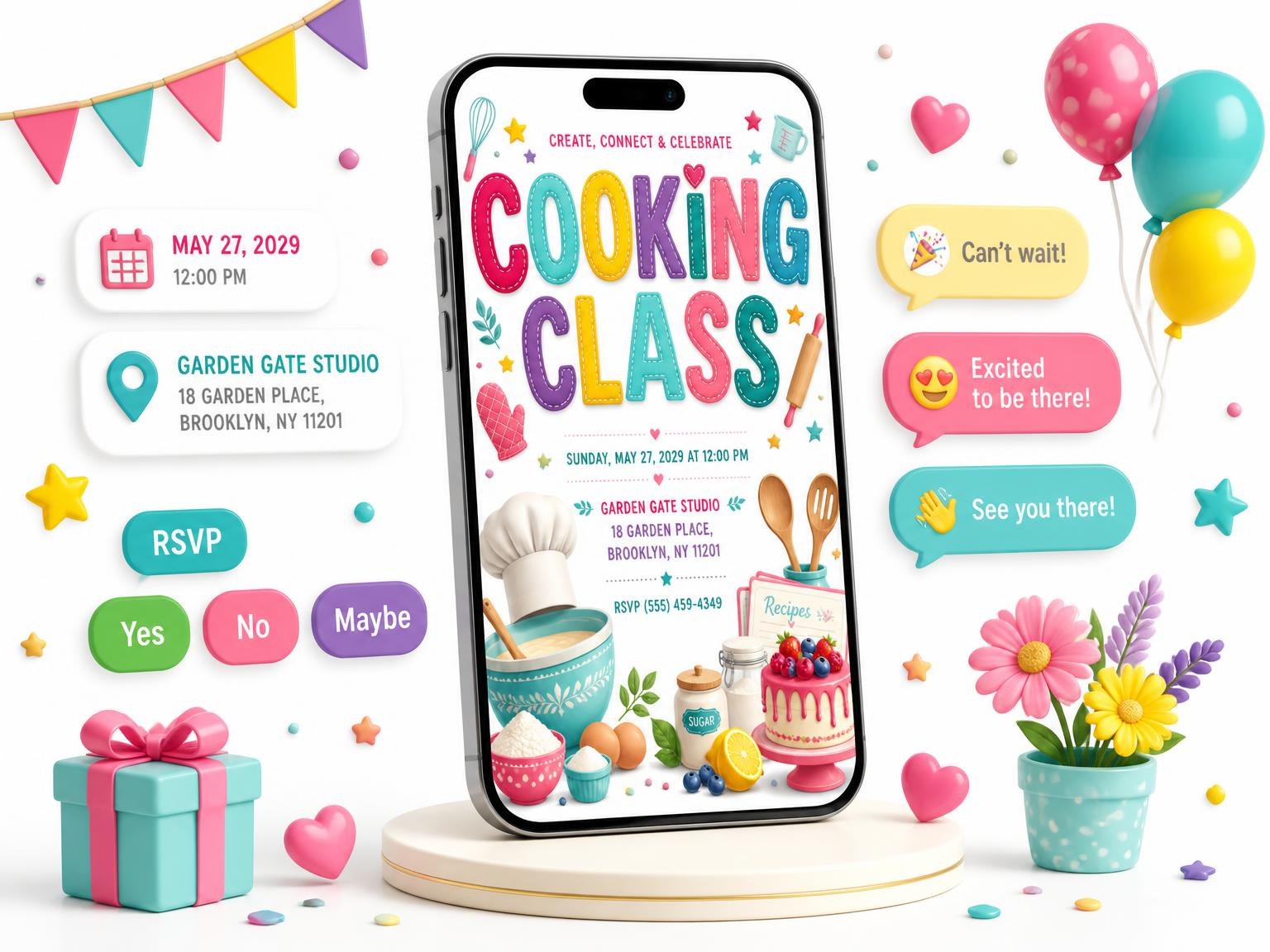 The Baking Cooking Class Invitation invitation on a phone, with guest RSVPs arriving around it