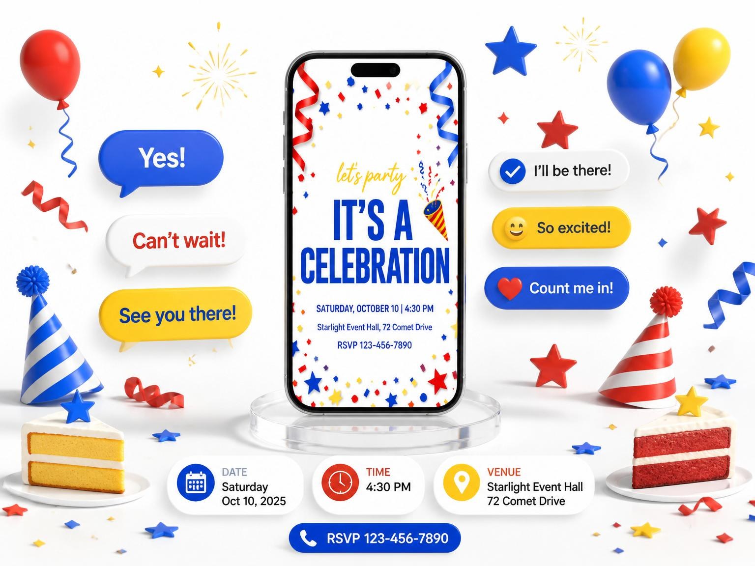 The Confetti Star Primary 13th Birthday Invitation invitation on a phone, with guest RSVPs arriving around it