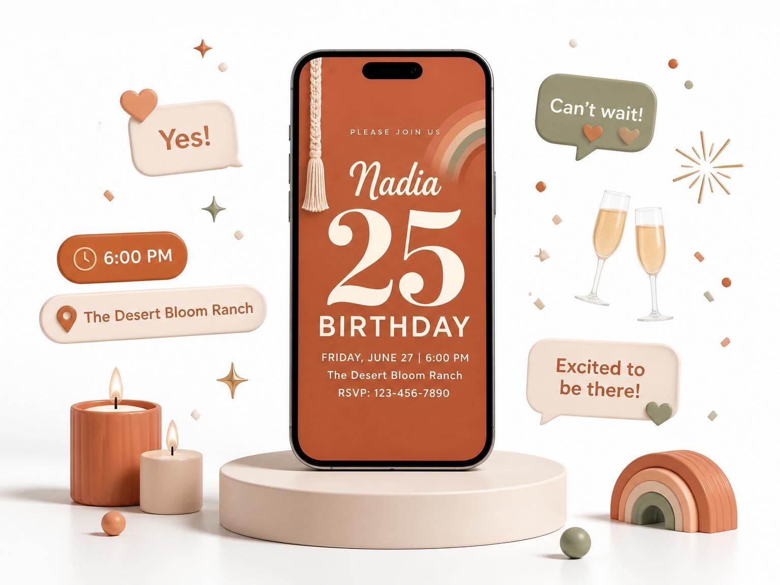The Burnt Orange Macrame Arch 25th Birthday invitation on a phone, with guest RSVPs arriving around it