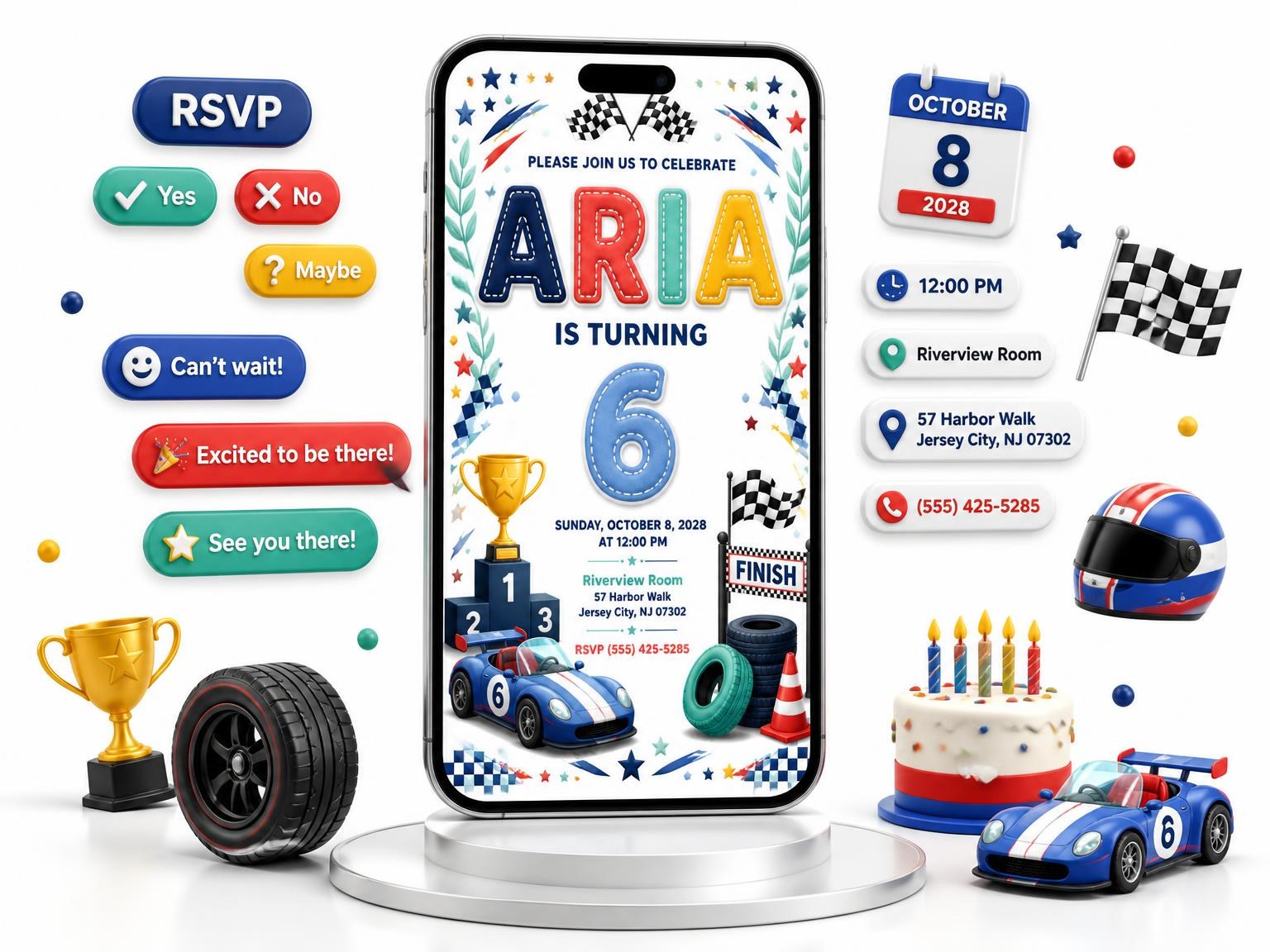 The Stitched Race Car 6th Birthday Invitation invitation on a phone, with guest RSVPs arriving around it
