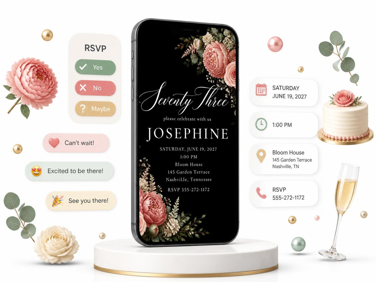 The Black Floral 73rd Birthday Invitation invitation on a phone, with guest RSVPs arriving around it