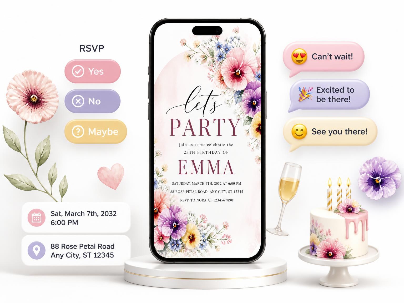 The Pastel Arch 25th Birthday Invitation invitation on a phone, with guest RSVPs arriving around it