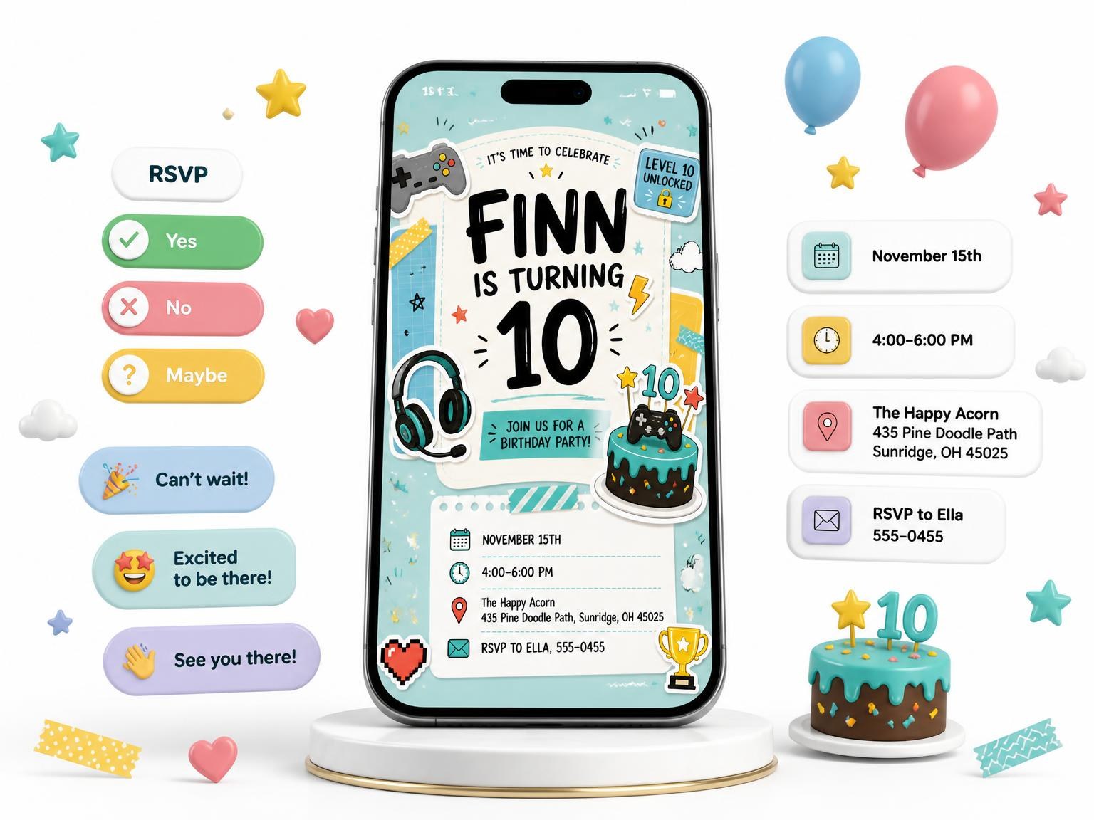 The Video Game 10th Birthday Invitation invitation on a phone, with guest RSVPs arriving around it
