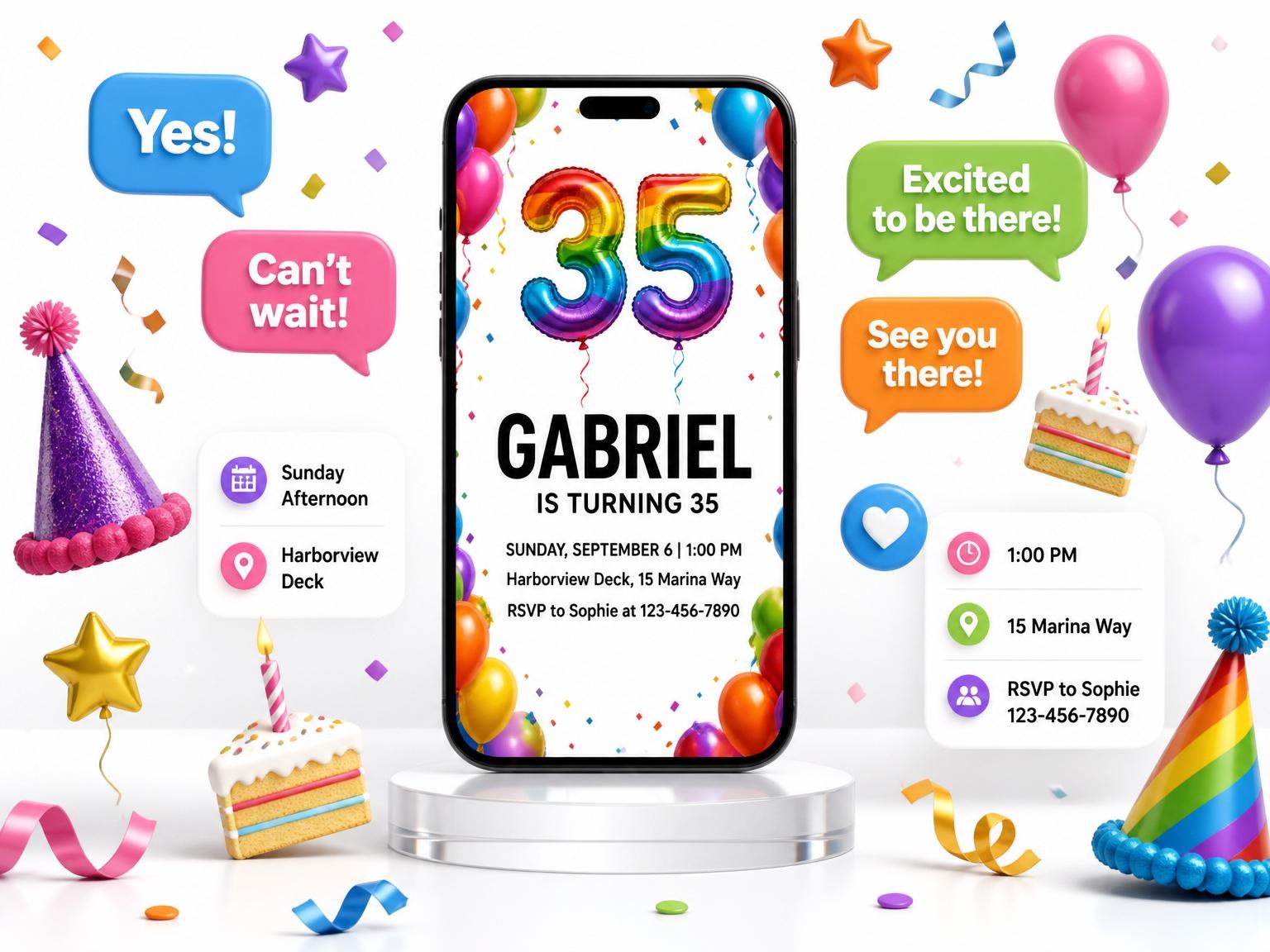 The Rainbow Foil Balloon 35th Birthday invitation on a phone, with guest RSVPs arriving around it