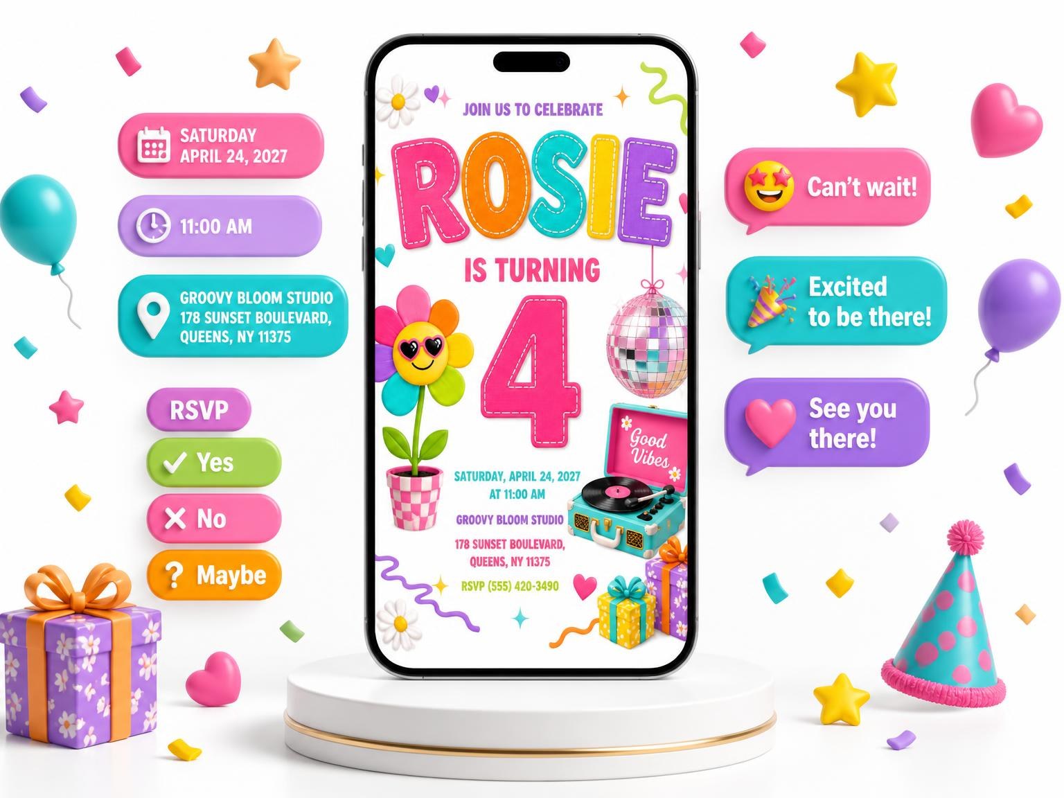 The Smiley Flower Stitched 4th Birthday Invitation invitation on a phone, with guest RSVPs arriving around it