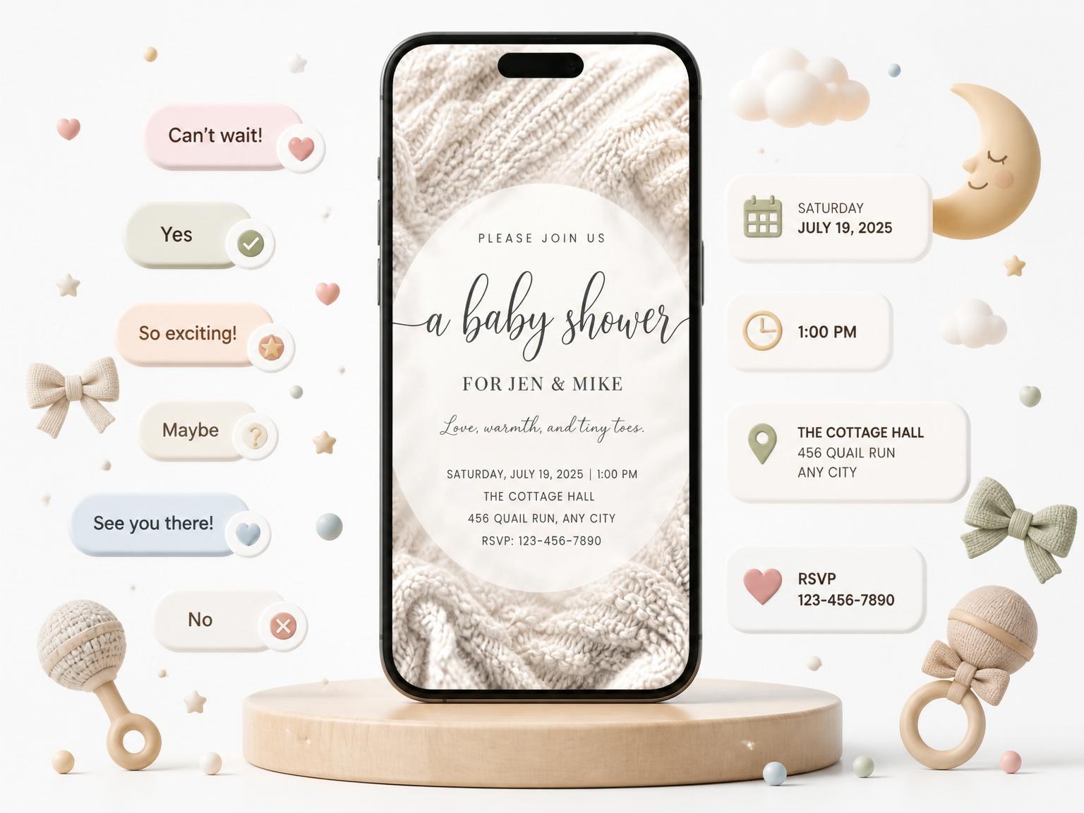 The Cream Cable Knit Baby Shower invitation on a phone, with guest RSVPs arriving around it