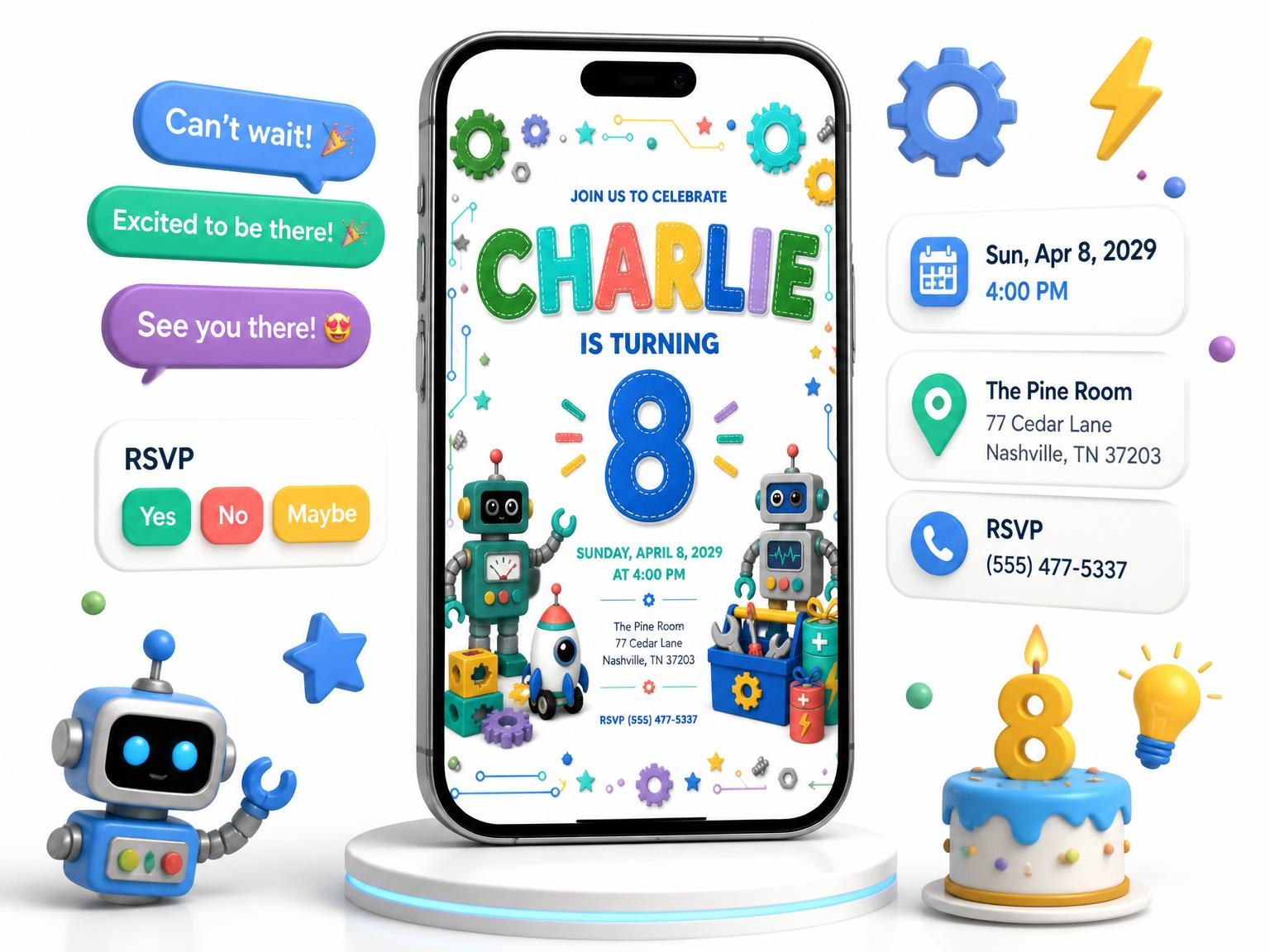 The Stitched Robot 8th Birthday Invitation invitation on a phone, with guest RSVPs arriving around it