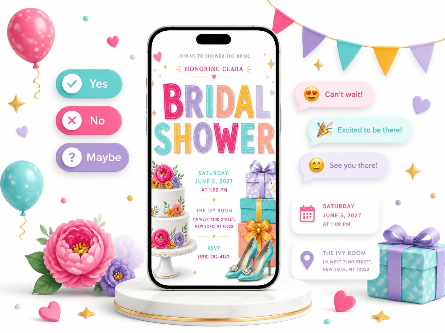 The Two-Tier Cake Bridal Shower Invitation invitation on a phone, with guest RSVPs arriving around it