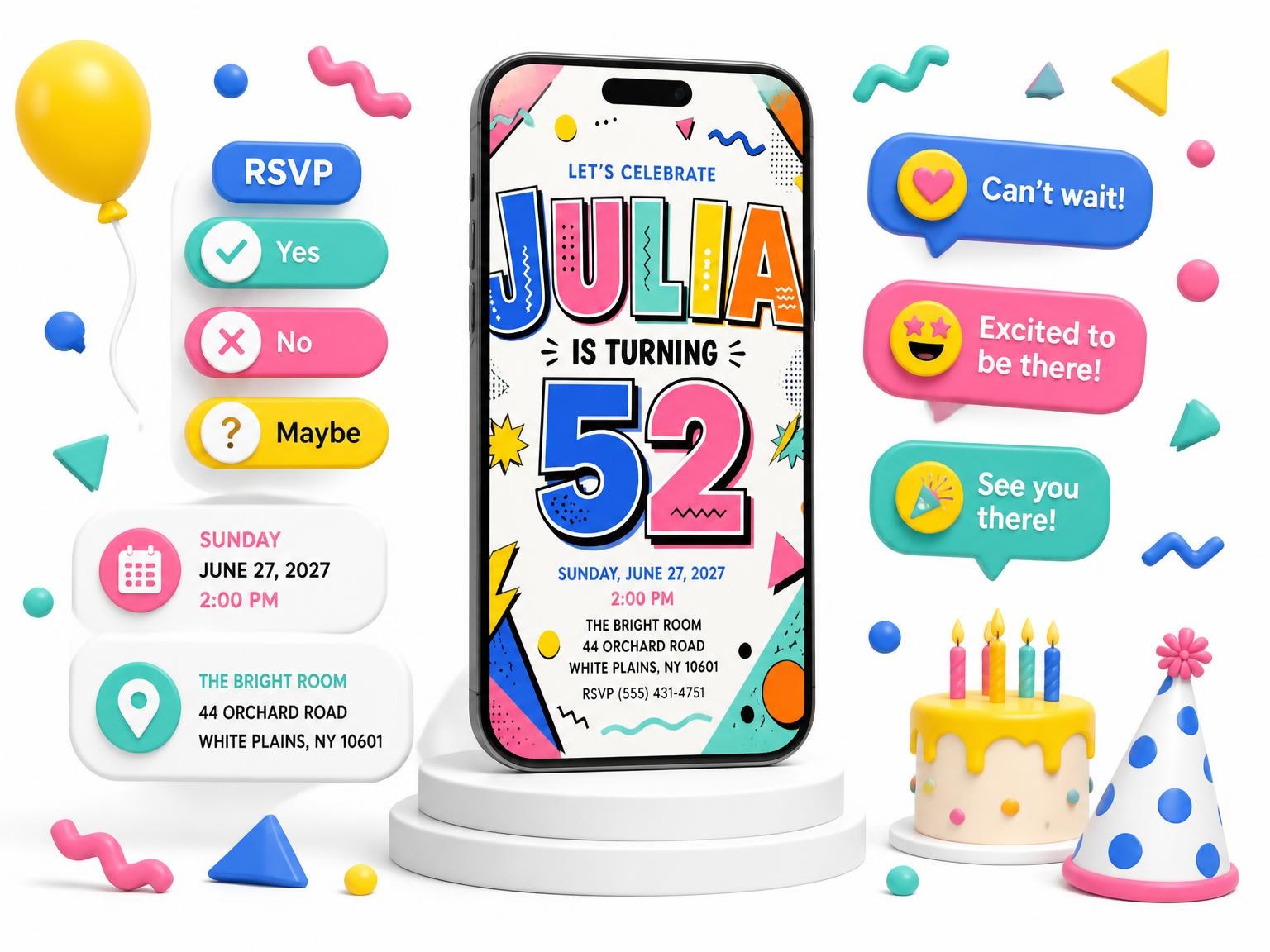 The Memphis Pop 52nd Birthday Invitation invitation on a phone, with guest RSVPs arriving around it