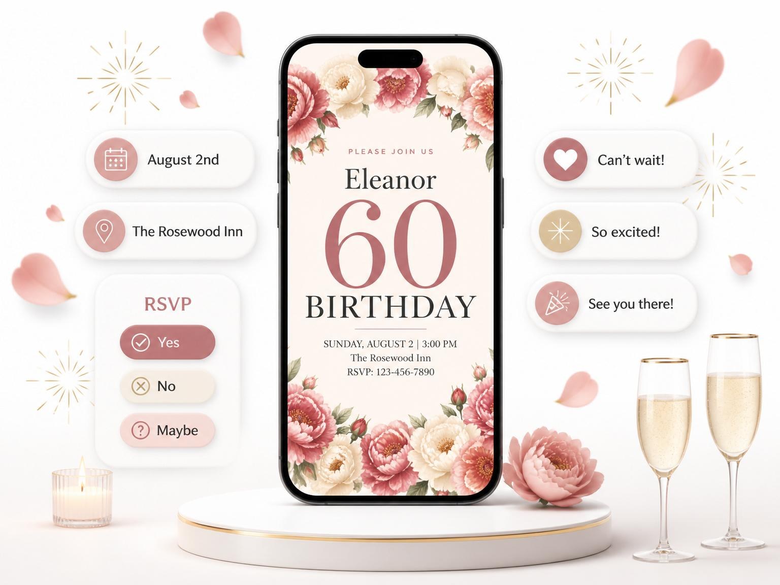 The Dusty Rose Peony 60th Birthday invitation on a phone, with guest RSVPs arriving around it