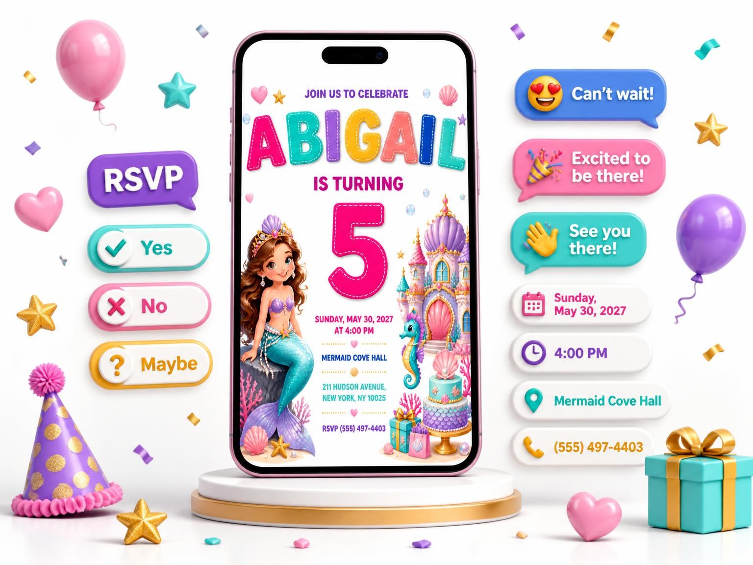 The Stitched Mermaid Palace 5th Birthday Invitation invitation on a phone, with guest RSVPs arriving around it