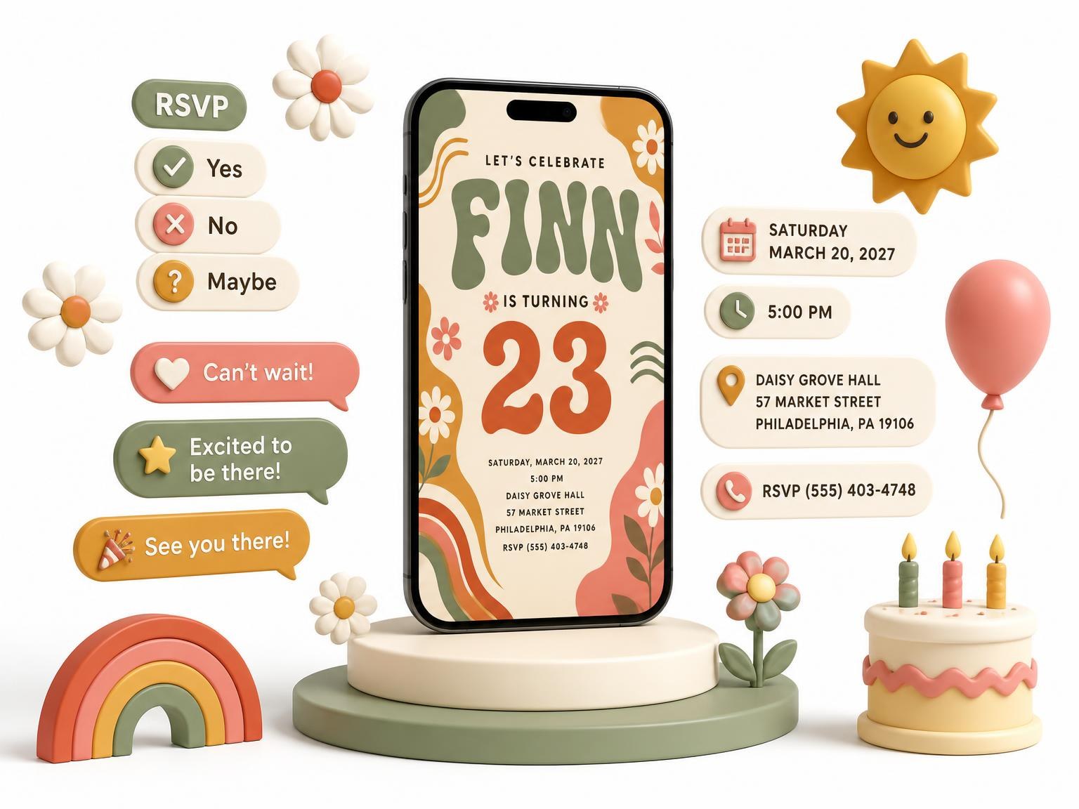 The Groovy Retro 23rd Birthday Invitation invitation on a phone, with guest RSVPs arriving around it
