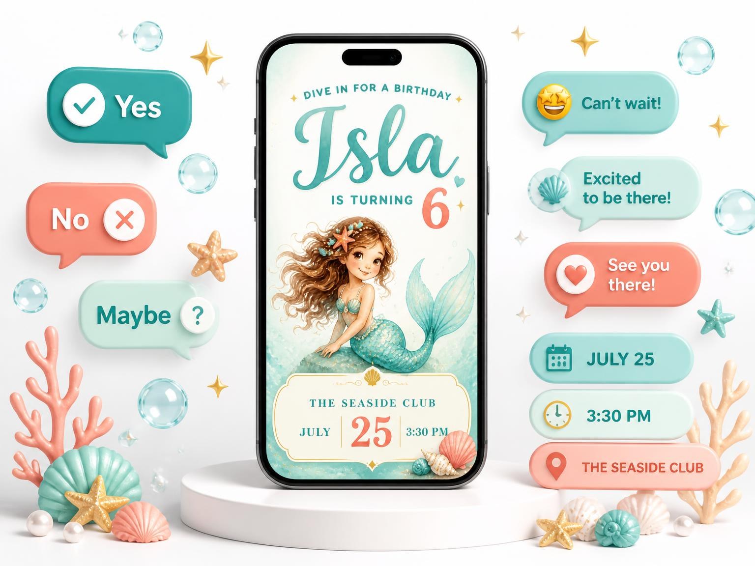 The Watercolor Mermaid Teal 6th Birthday Invitation invitation on a phone, with guest RSVPs arriving around it