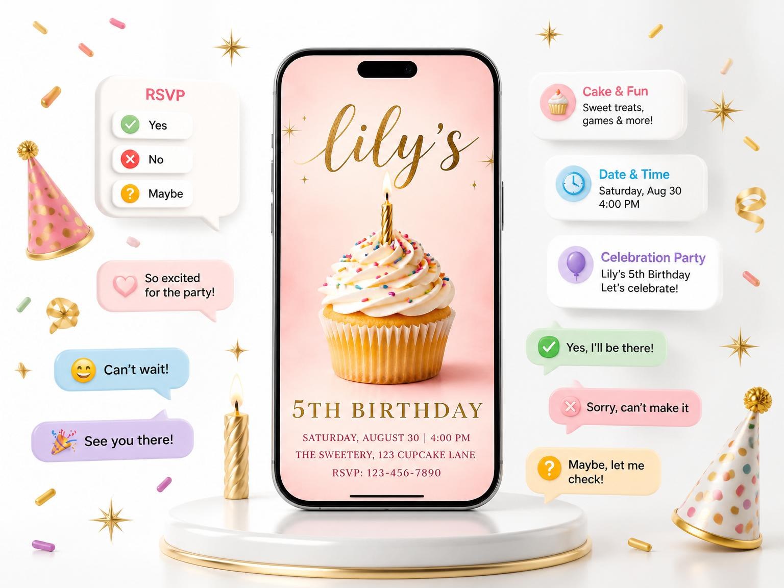 The Pink Watercolor Cupcake 5th Birthday invitation on a phone, with guest RSVPs arriving around it