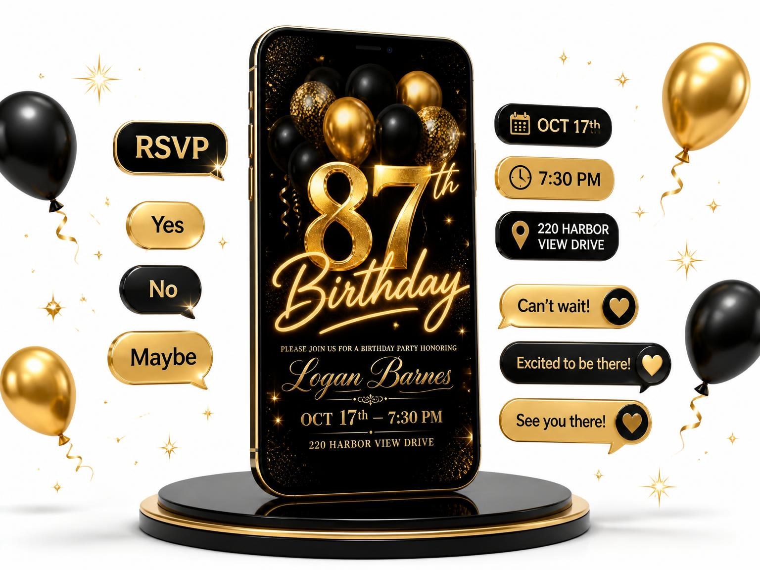 The Black and Gold Balloon 87th Birthday invitation on a phone, with guest RSVPs arriving around it