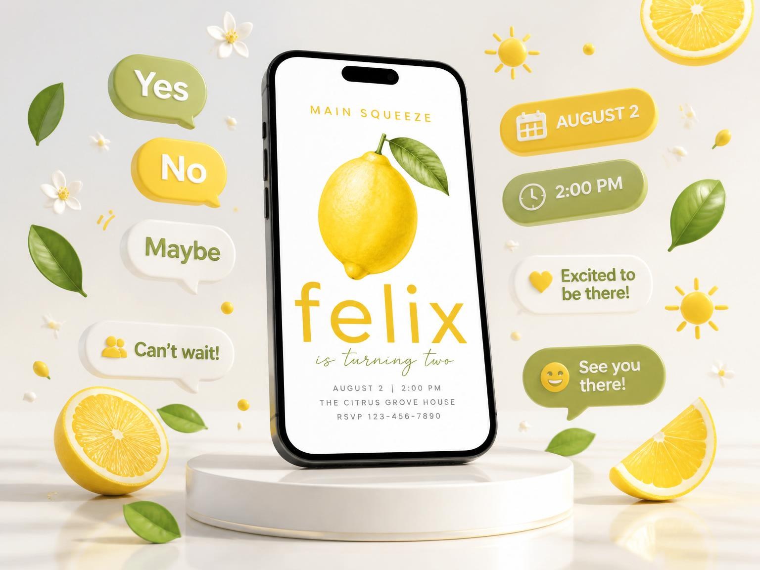 The Watercolor Lemon Citrus 2nd Birthday Invitation invitation on a phone, with guest RSVPs arriving around it