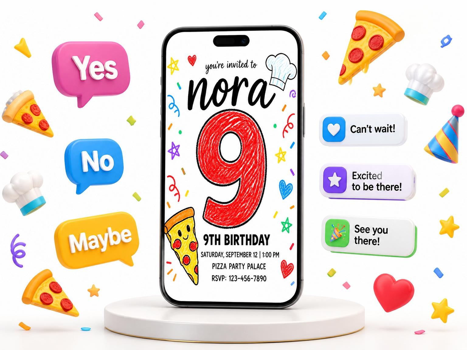 The Crayon Illustrated Pizza 9th Birthday invitation on a phone, with guest RSVPs arriving around it