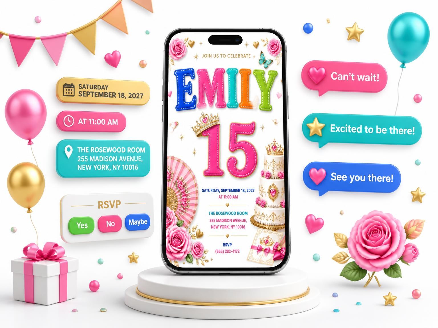 The Pink Fan Quinceañera Invitation invitation on a phone, with guest RSVPs arriving around it