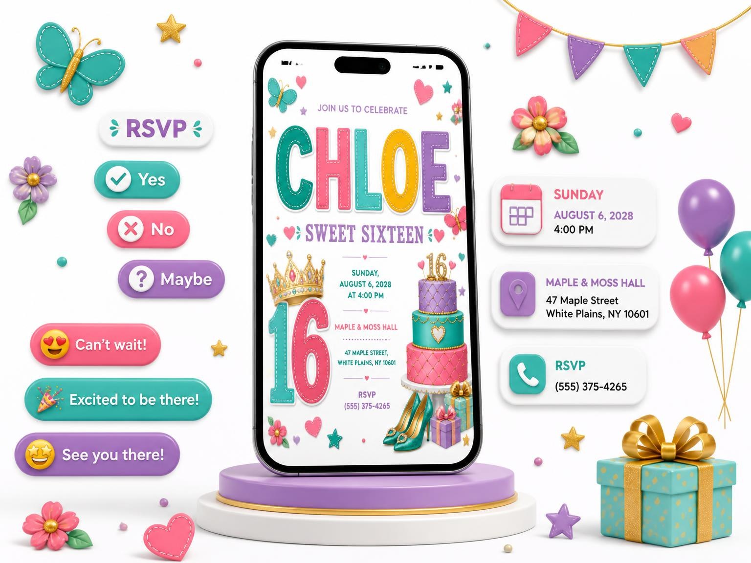 The Gift Boxes Sweet Sixteen Invitation invitation on a phone, with guest RSVPs arriving around it