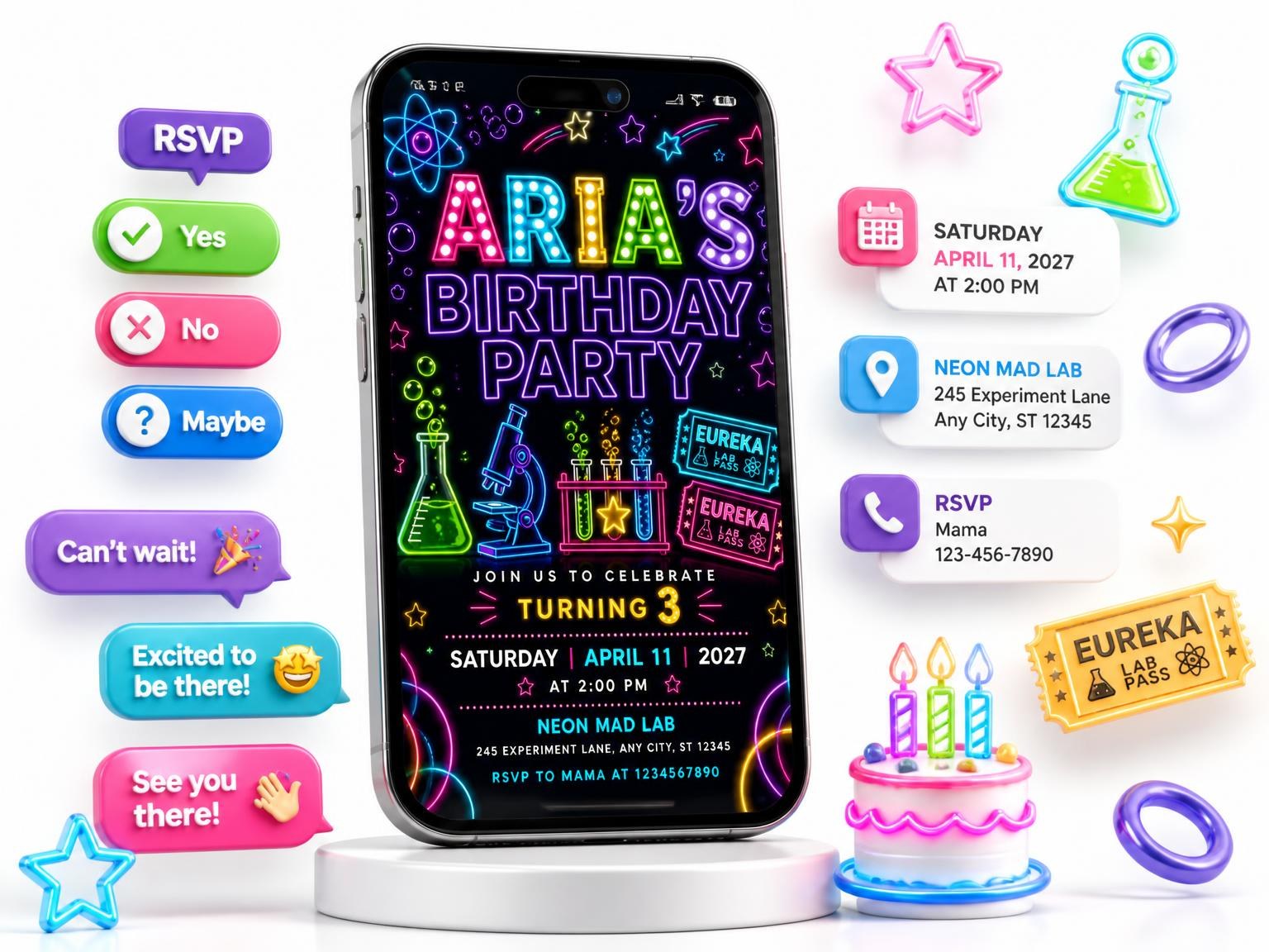 The Neon Science Lab 3rd Birthday Invitation invitation on a phone, with guest RSVPs arriving around it
