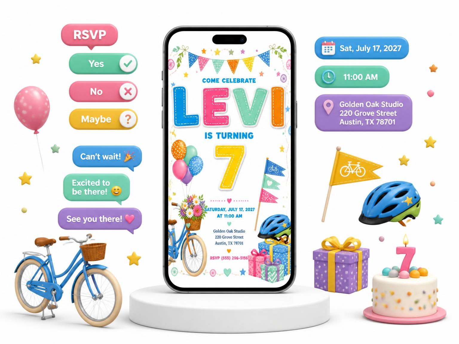 The Stitched Bike Ride 7th Birthday Invitation invitation on a phone, with guest RSVPs arriving around it