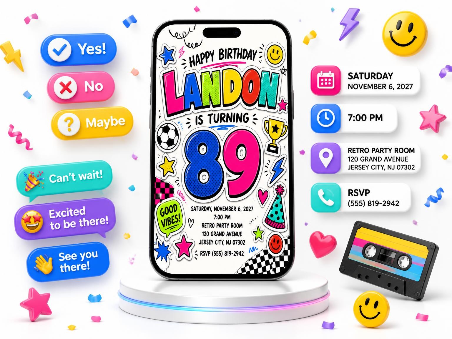 The Sticker Pop 89th Birthday Invitation invitation on a phone, with guest RSVPs arriving around it