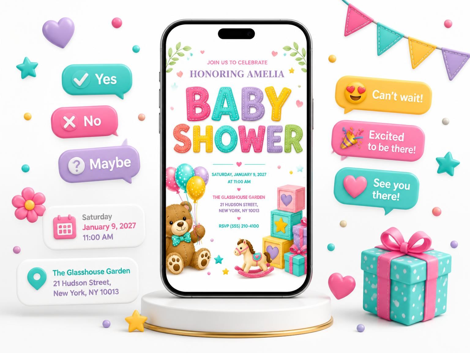 The Bright Stitched Baby Shower Invitation invitation on a phone, with guest RSVPs arriving around it