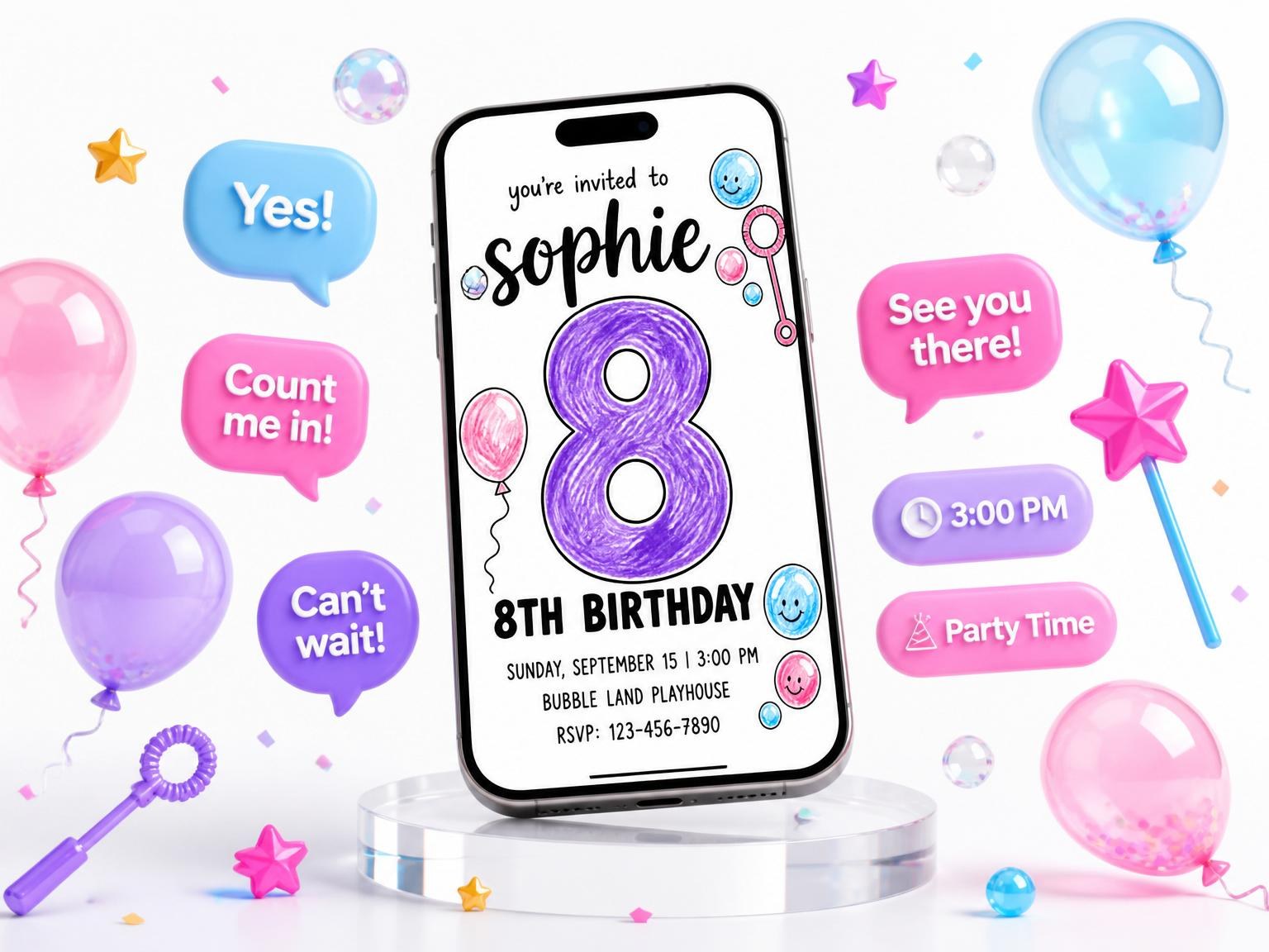 The Crayon Sketch Bubble 8th Birthday invitation on a phone, with guest RSVPs arriving around it