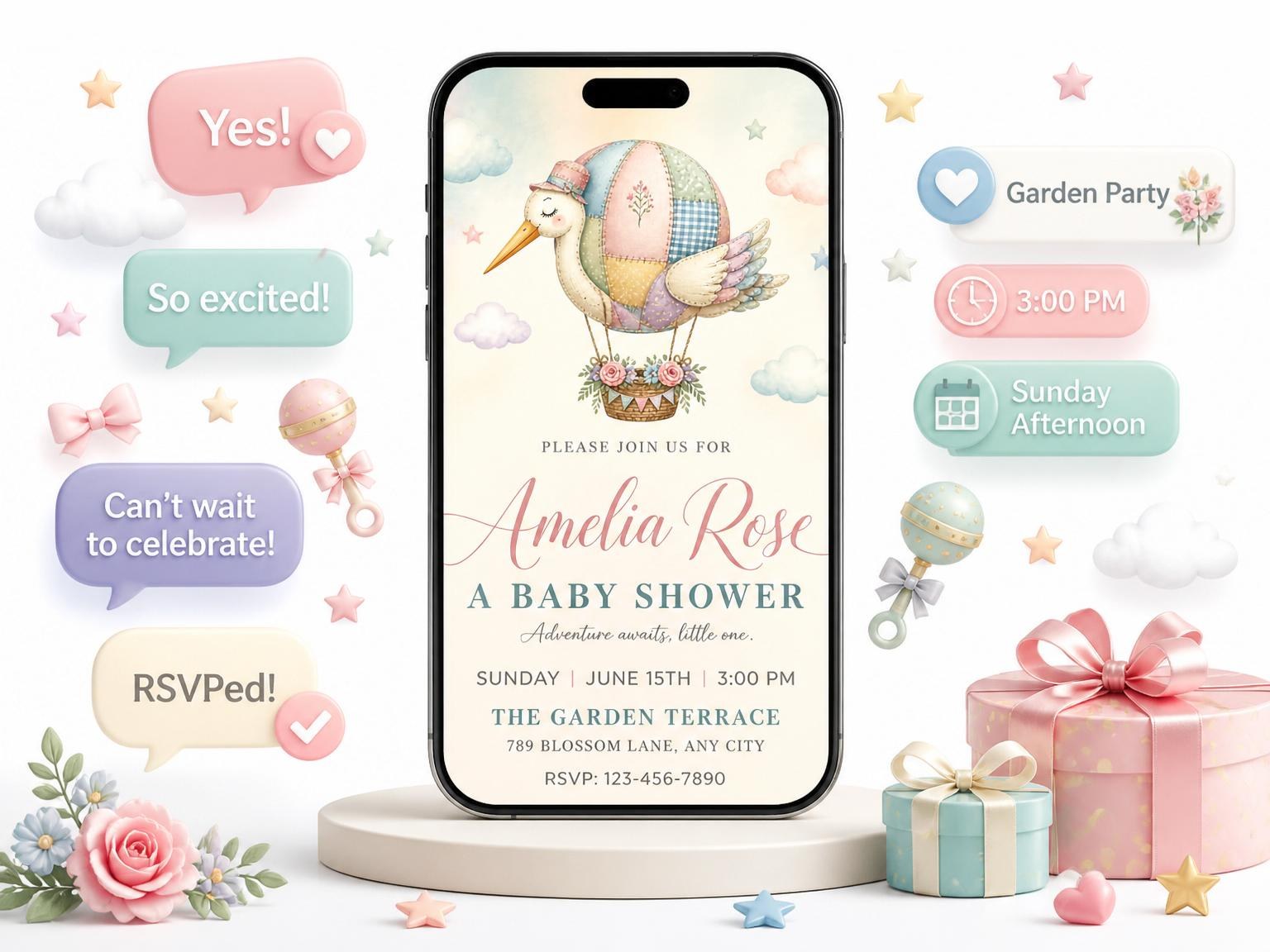 The Pastel Patchwork Stork Baby Shower invitation on a phone, with guest RSVPs arriving around it