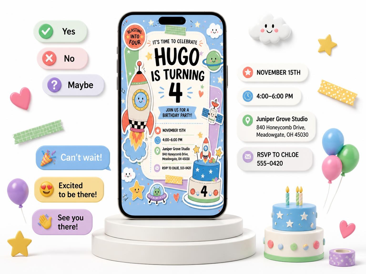 The Spaceship Rocket Pastel 4th Birthday Invitation invitation on a phone, with guest RSVPs arriving around it