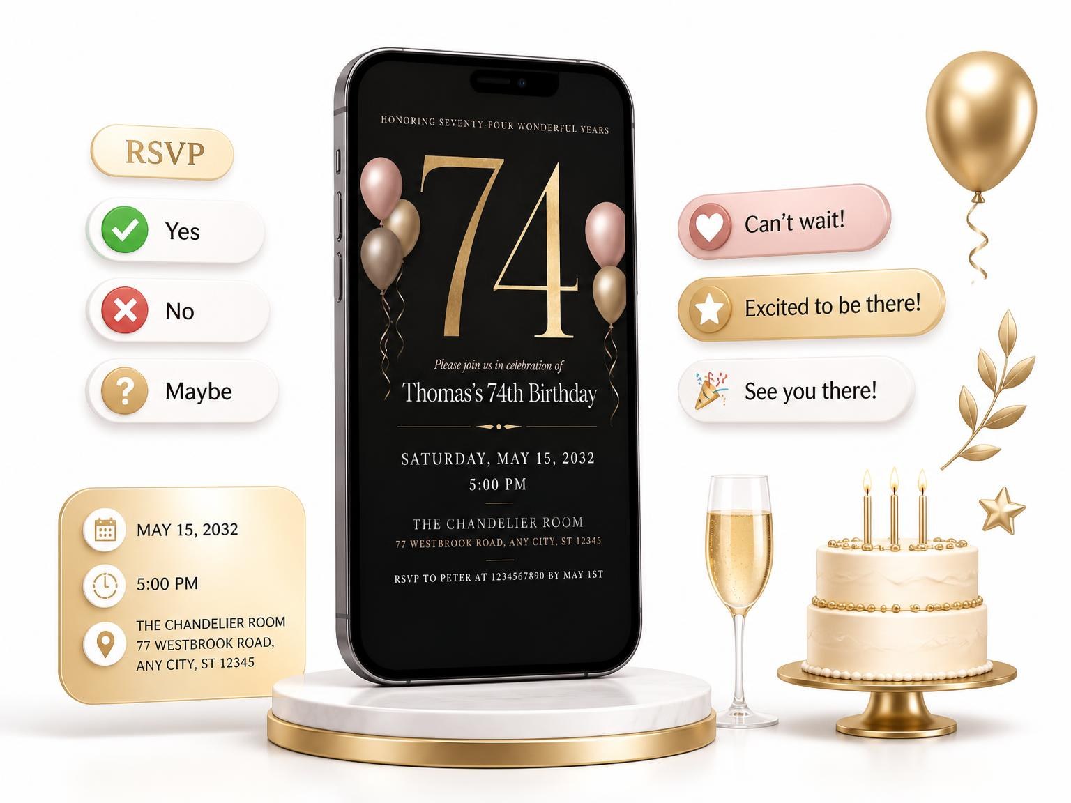 The Charcoal and Blush 74th Birthday Invitation invitation on a phone, with guest RSVPs arriving around it