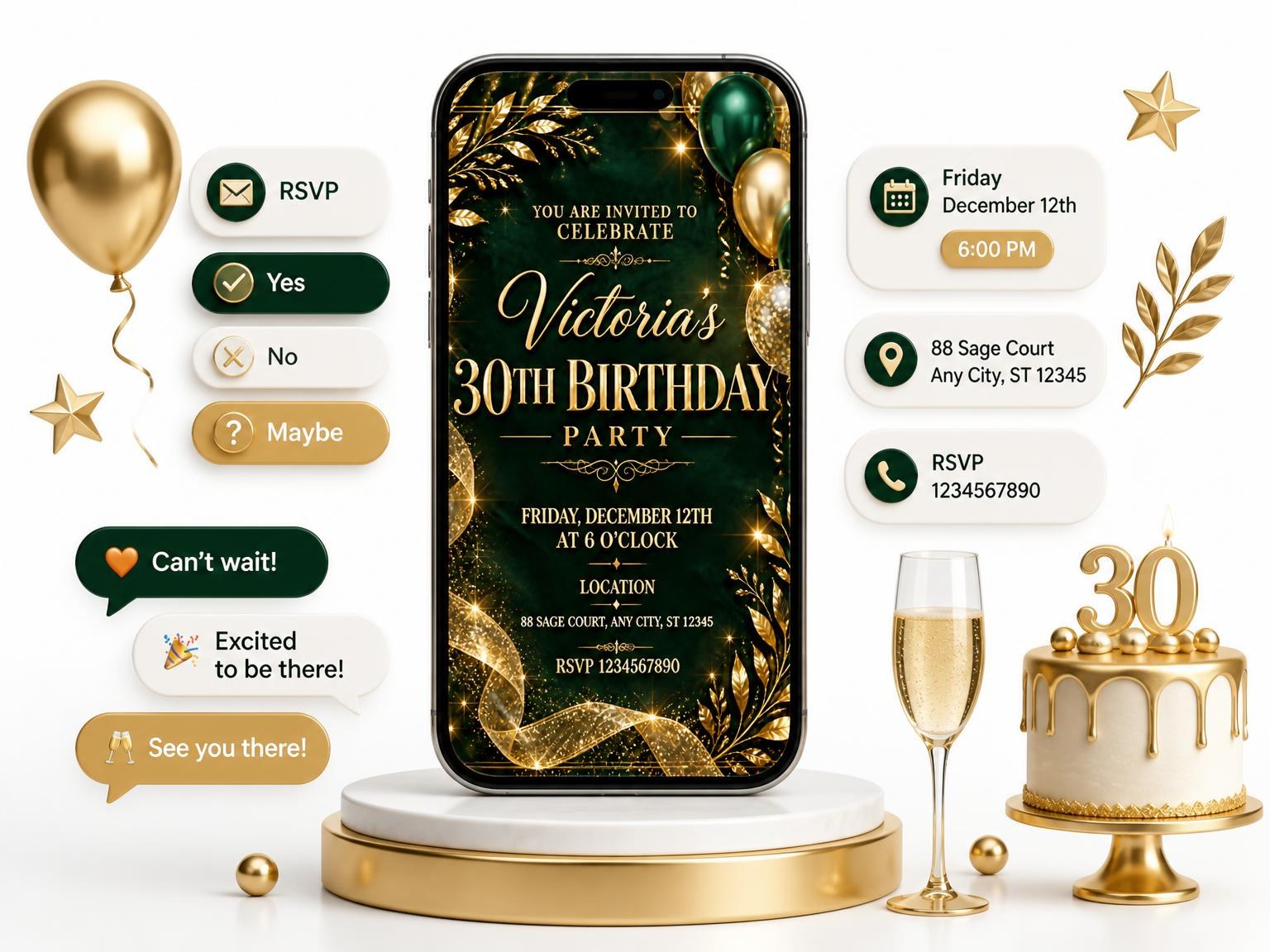 The Emerald and Champagne 30th Birthday Invitation invitation on a phone, with guest RSVPs arriving around it