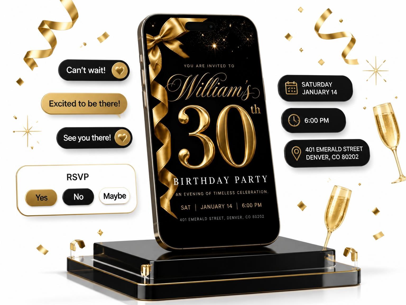 The Black and Gold Ribbon 30th Birthday invitation on a phone, with guest RSVPs arriving around it
